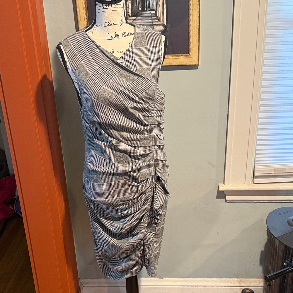 RACHEL Rachel Roy Fringed & Ruched Gray Plaid Dress (8)